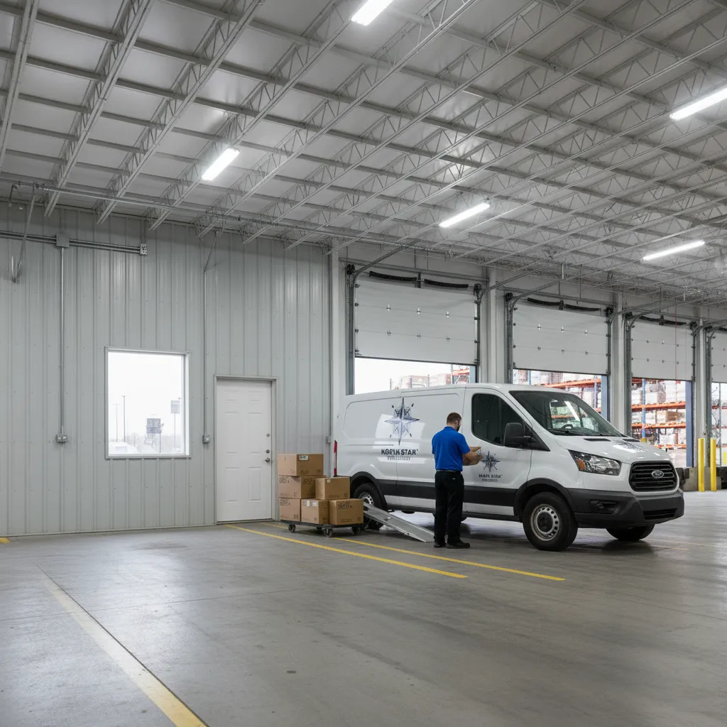 Exterior loading dock with branded delivery trucks being loaded by staff
