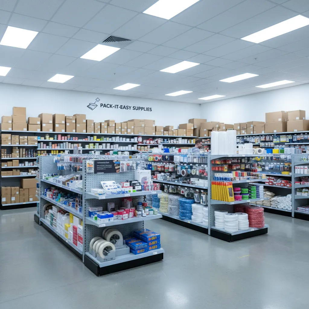 Organized shelves with bubble wrap rolls, tape, and protective materials