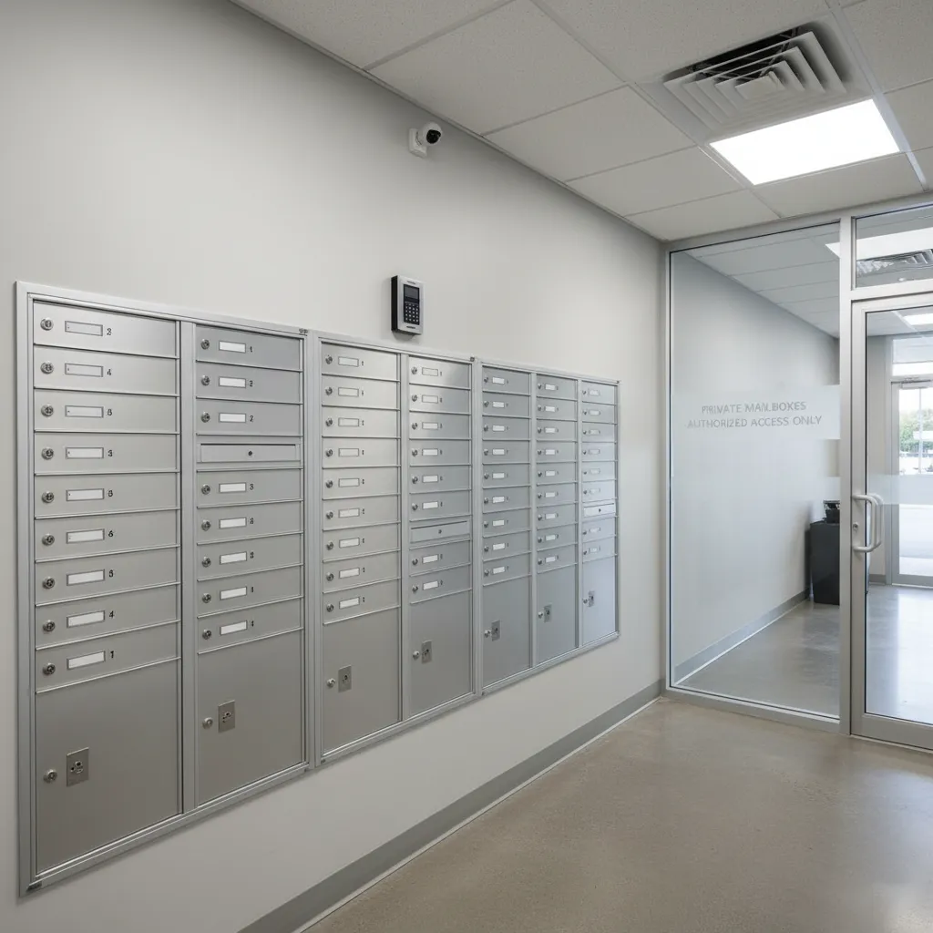Clean modern mailbox wall with numbered boxes and professional lighting