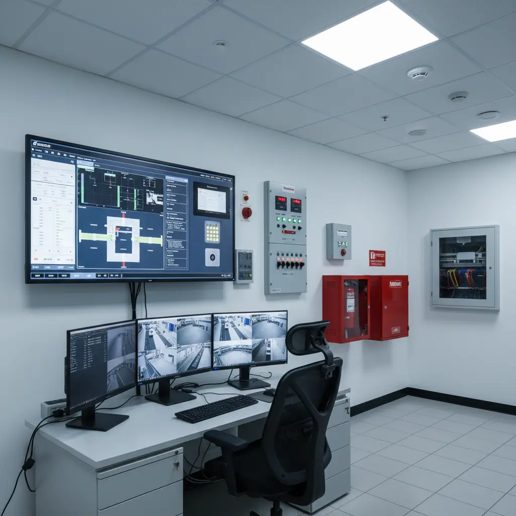 Security alarm panel and fire safety systems in monitoring room