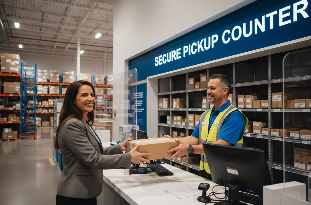 Smiling customer receiving package from staff at secure pickup counter