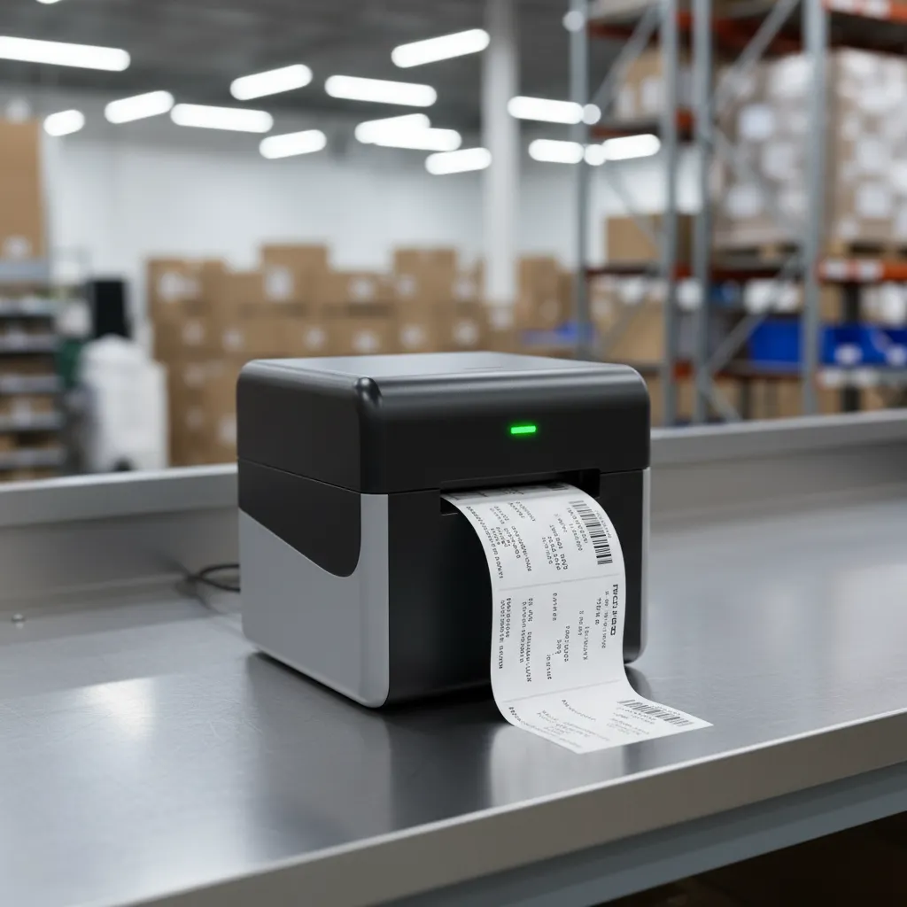 Zebra thermal printer with label roll and printed shipping labels stack