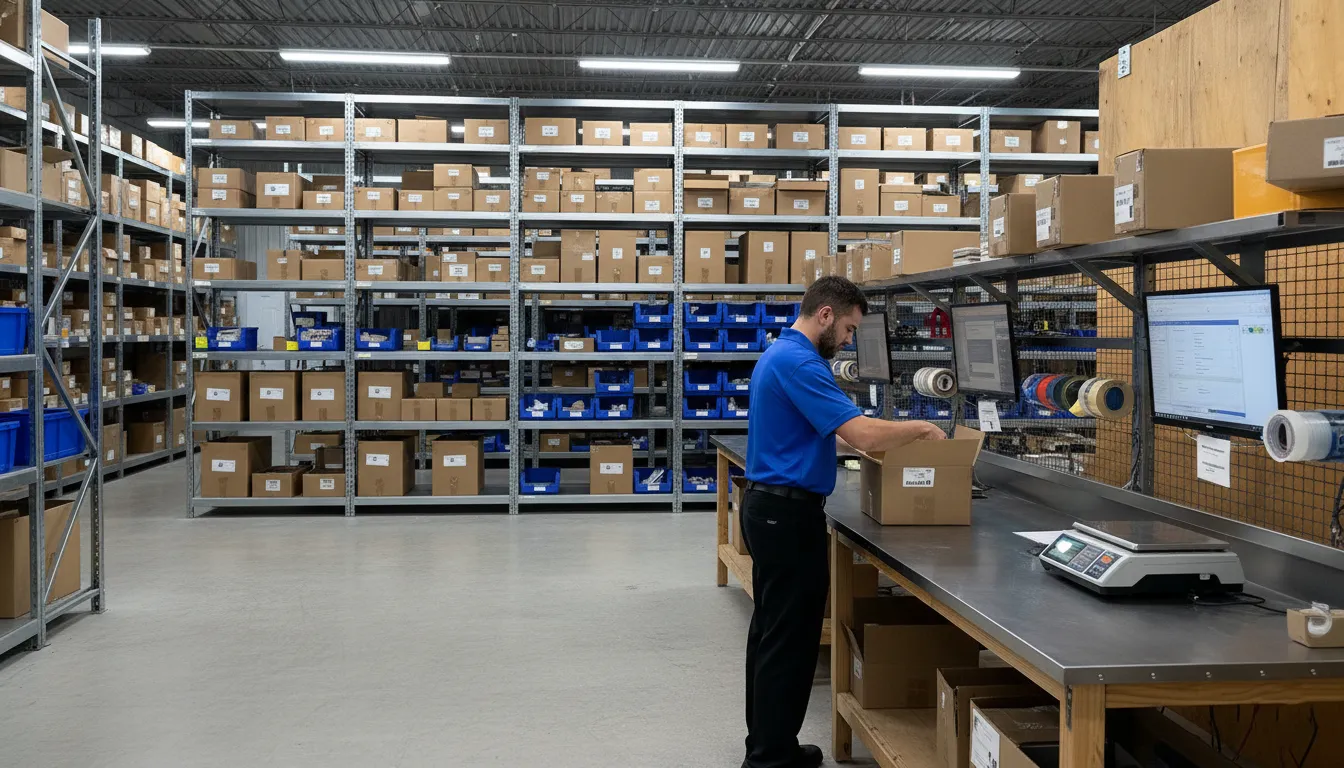 Individual packing station with supplies, computer screen showing order details